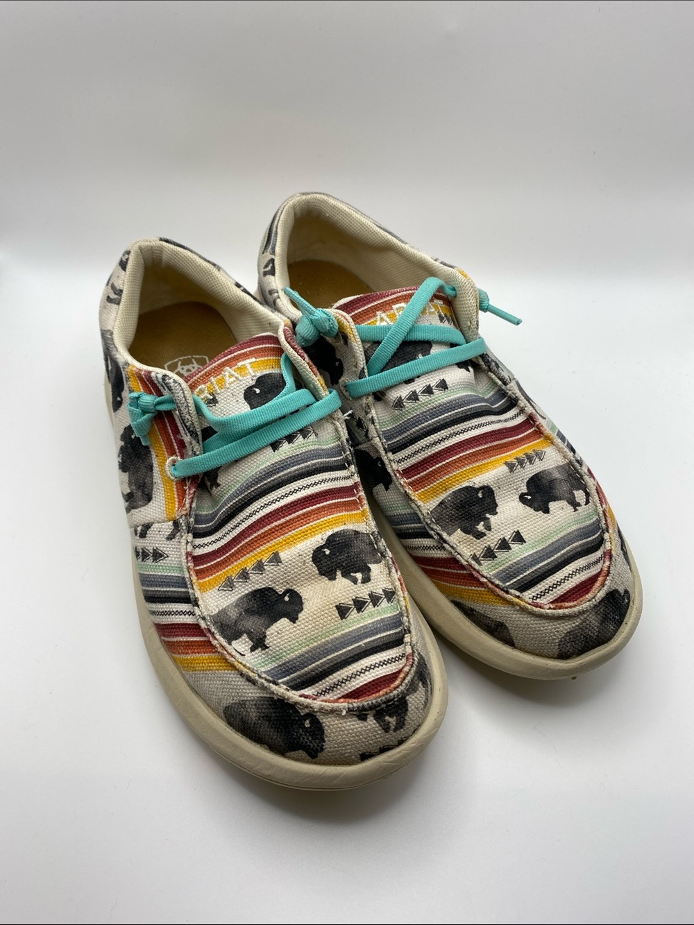 Kids Canvas Slip-On Shoes with Buffalo Print - Teal Laces size 6